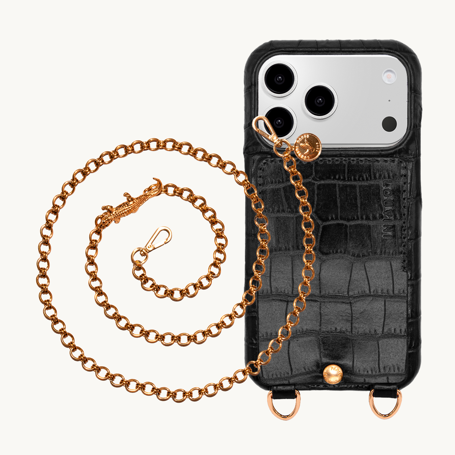 Coque iPhone LOU Crocodile Noir & Chaîne DALIA Crocodile