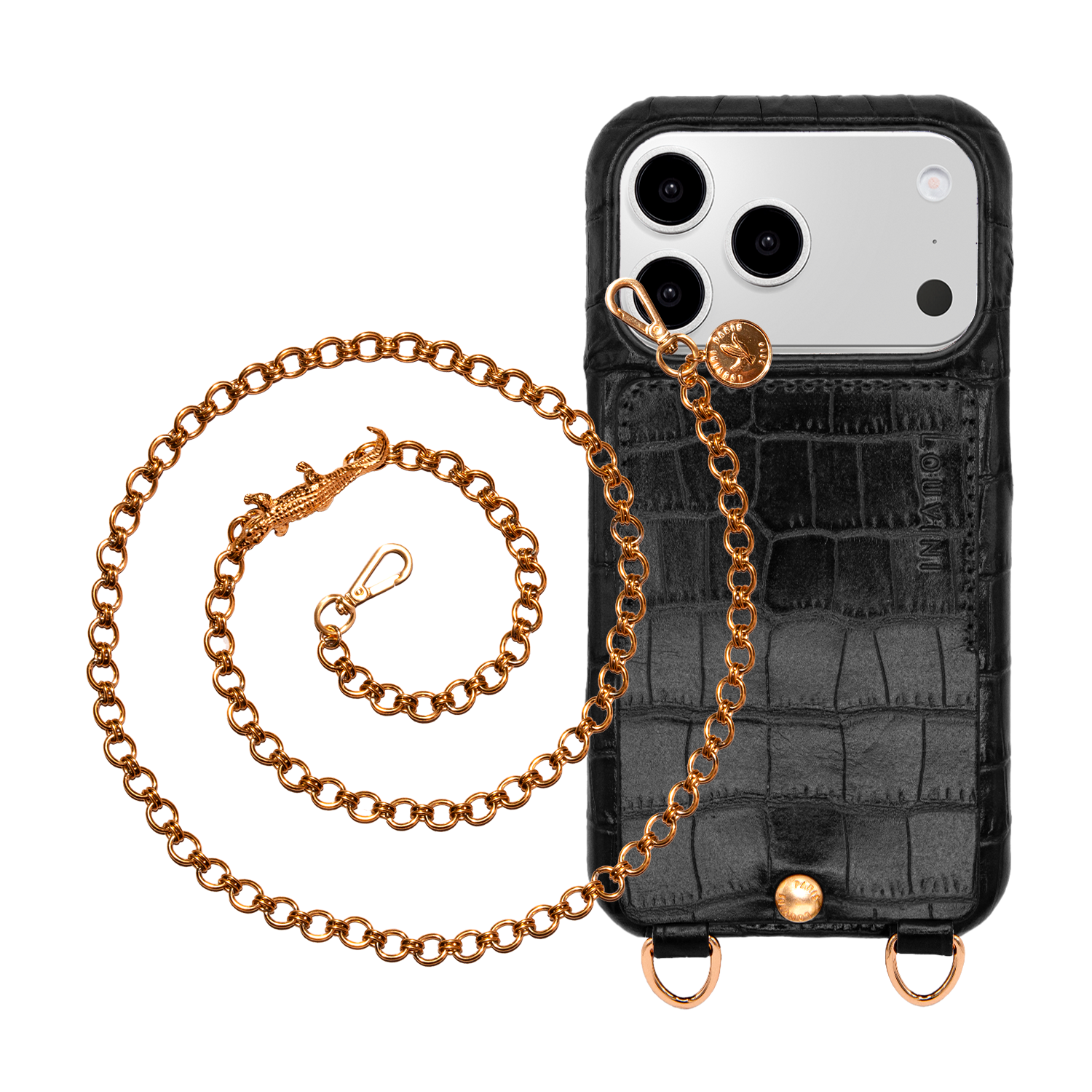 Coque iPhone LOU Crocodile Noir & Chaîne DALIA Crocodile