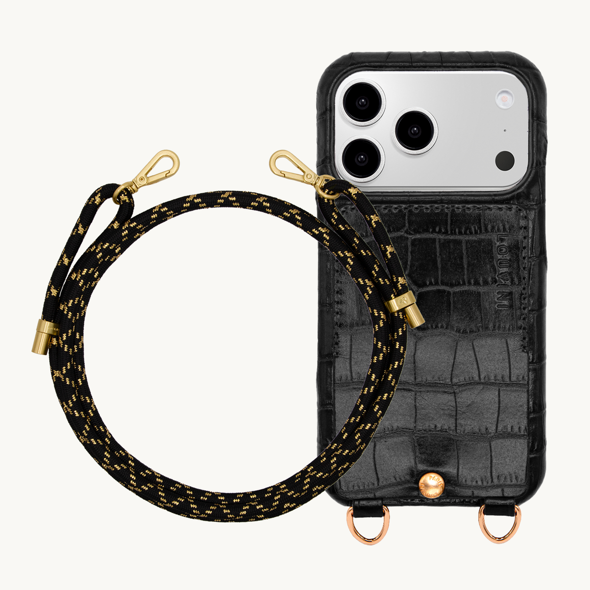 Coque iPhone LOU Crocodile Noir & Cordon TESSA Noir-Doré