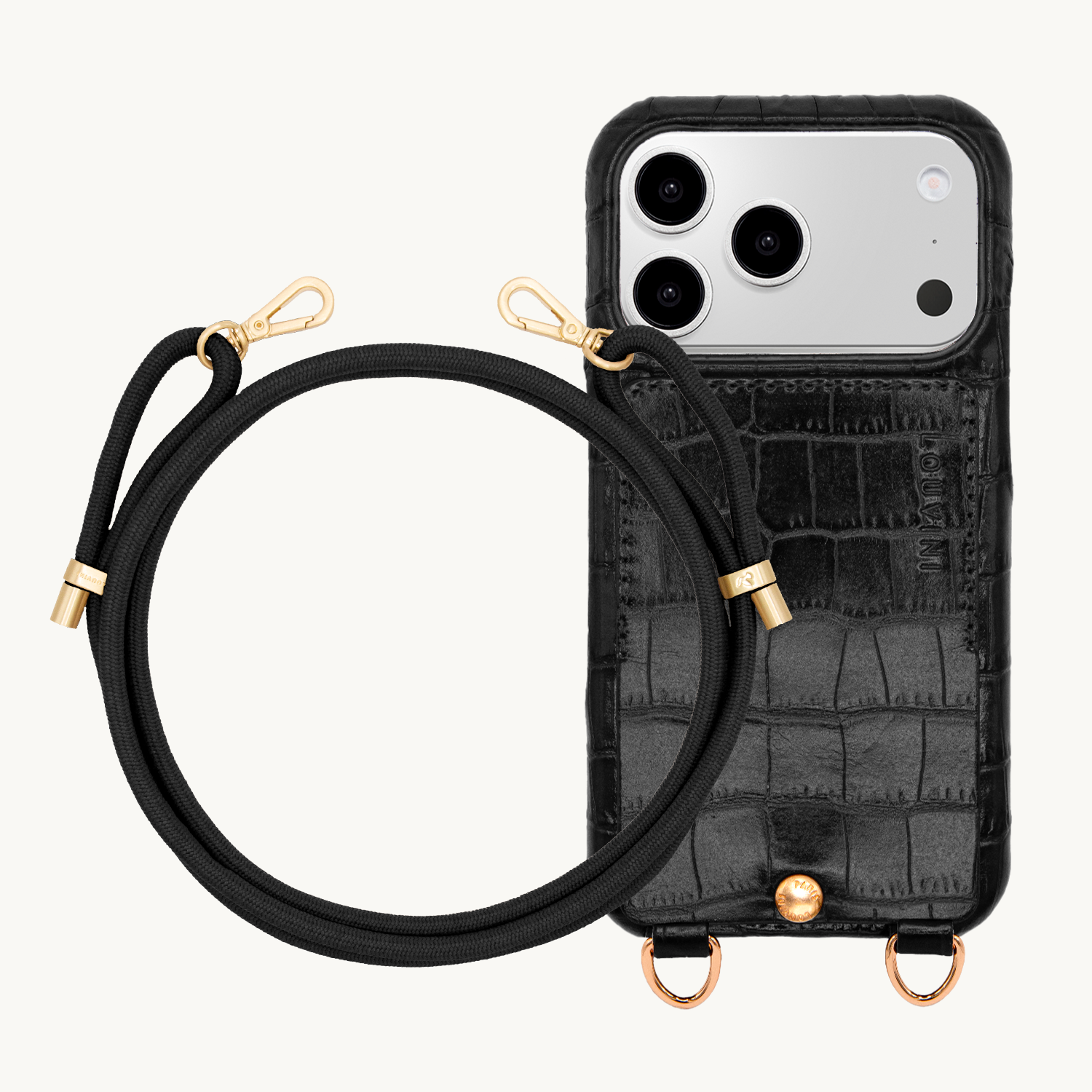 Coque iPhone LOU Crocodile Noir & Cordon TESSA Noir
