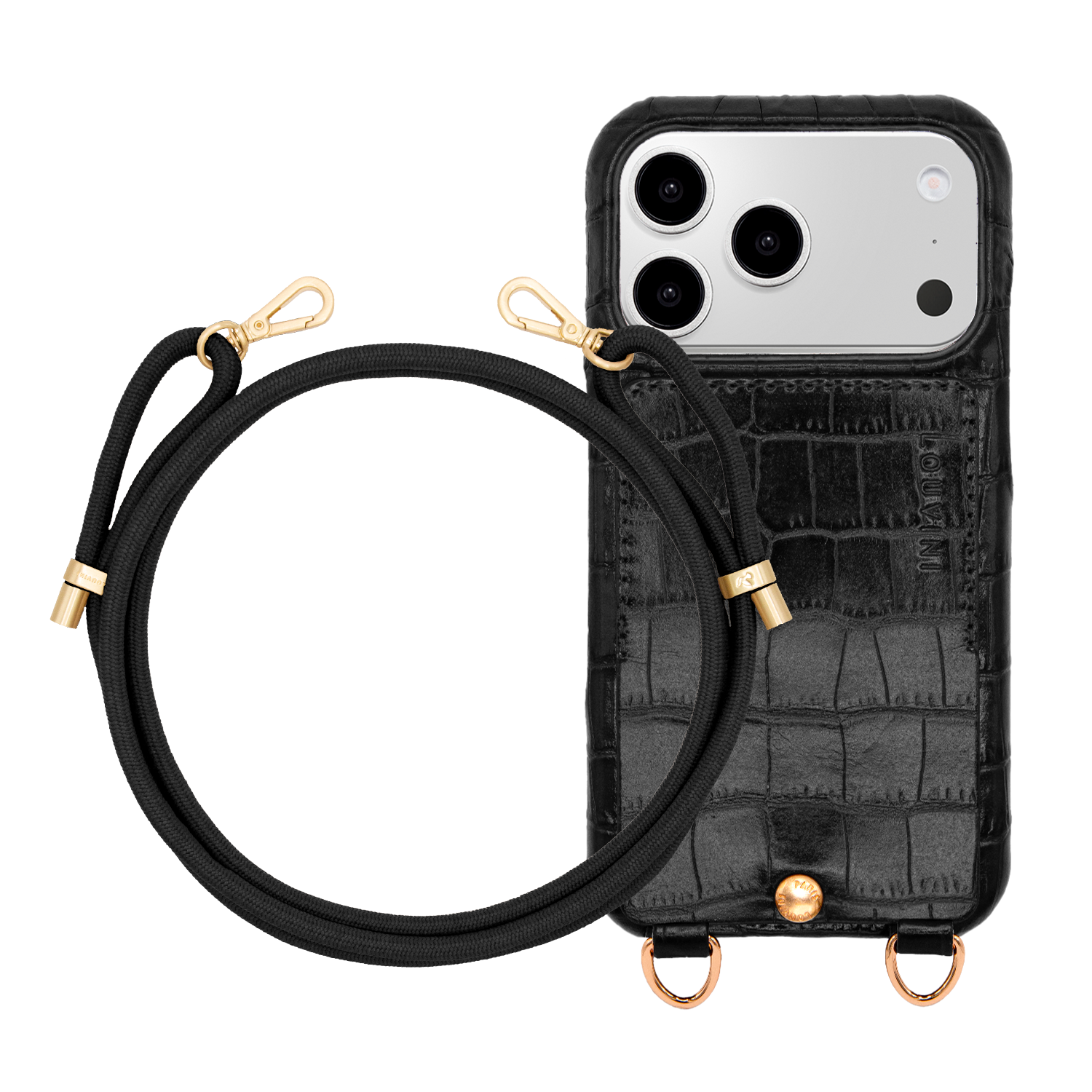 Coque iPhone LOU Crocodile Noir & Cordon TESSA Noir