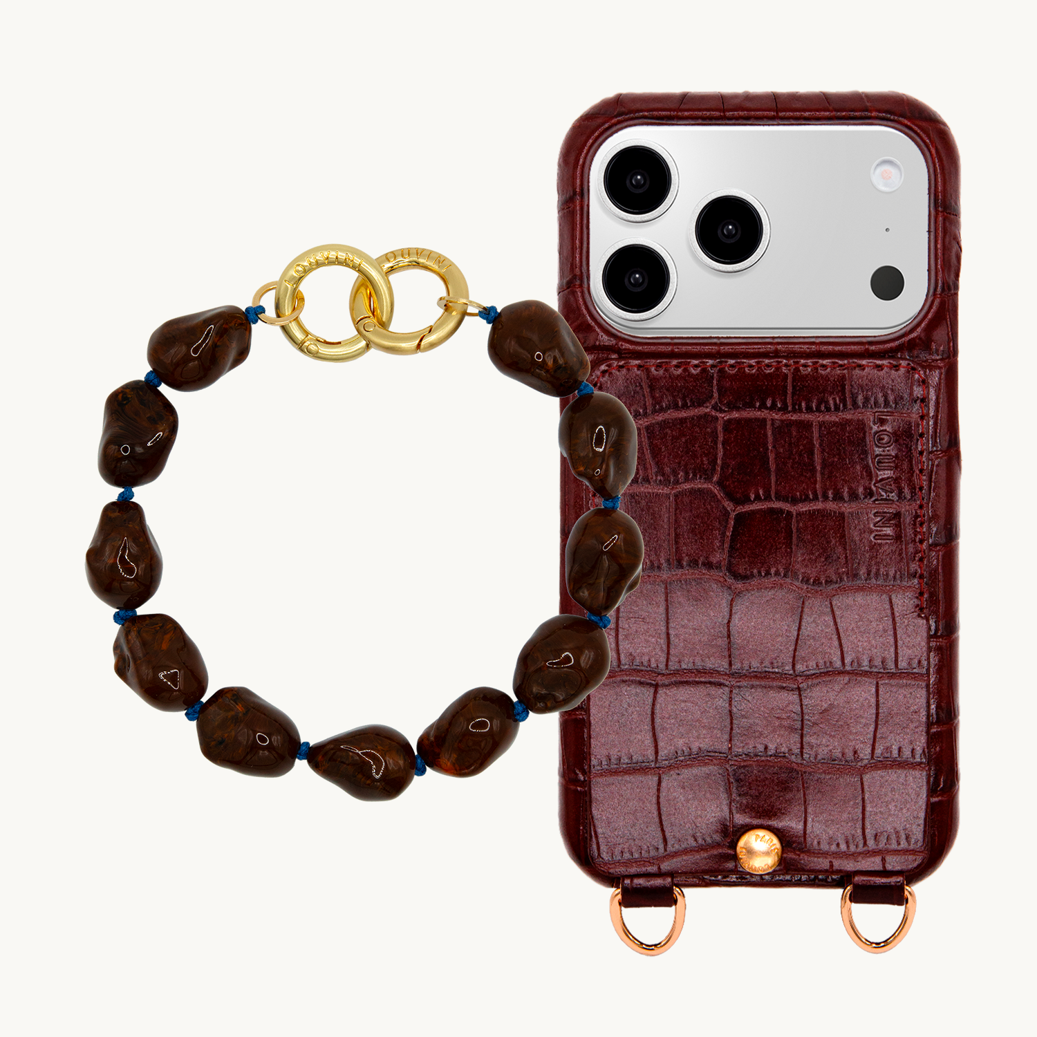 Coque iPhone LOU Crocodile Marron & Bracelet PETIT ROMY Marron foncé