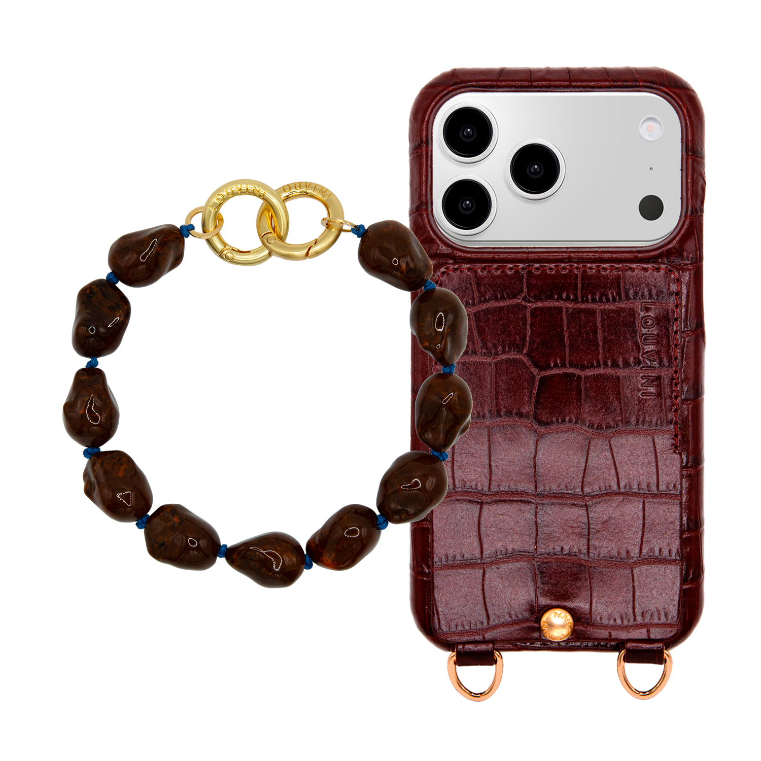Coque iPhone LOU Crocodile Marron & Bracelet PETIT ROMY Marron foncé