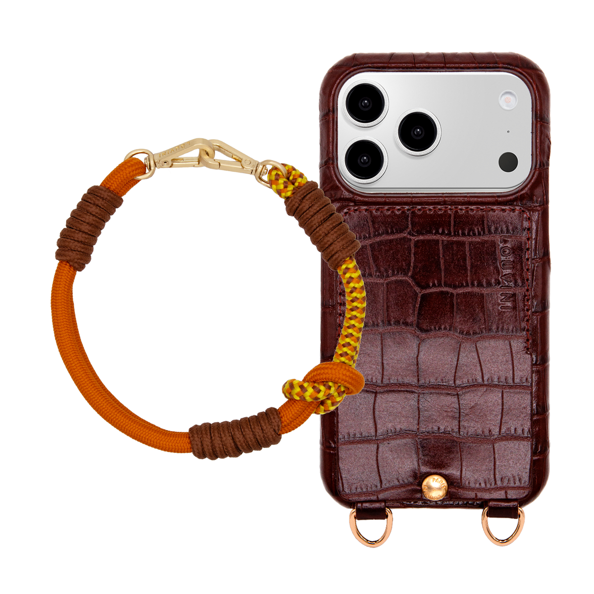 Coque iPhone LOU Crocodile Marron & Bracelet PETIT TESSA Orange Marron