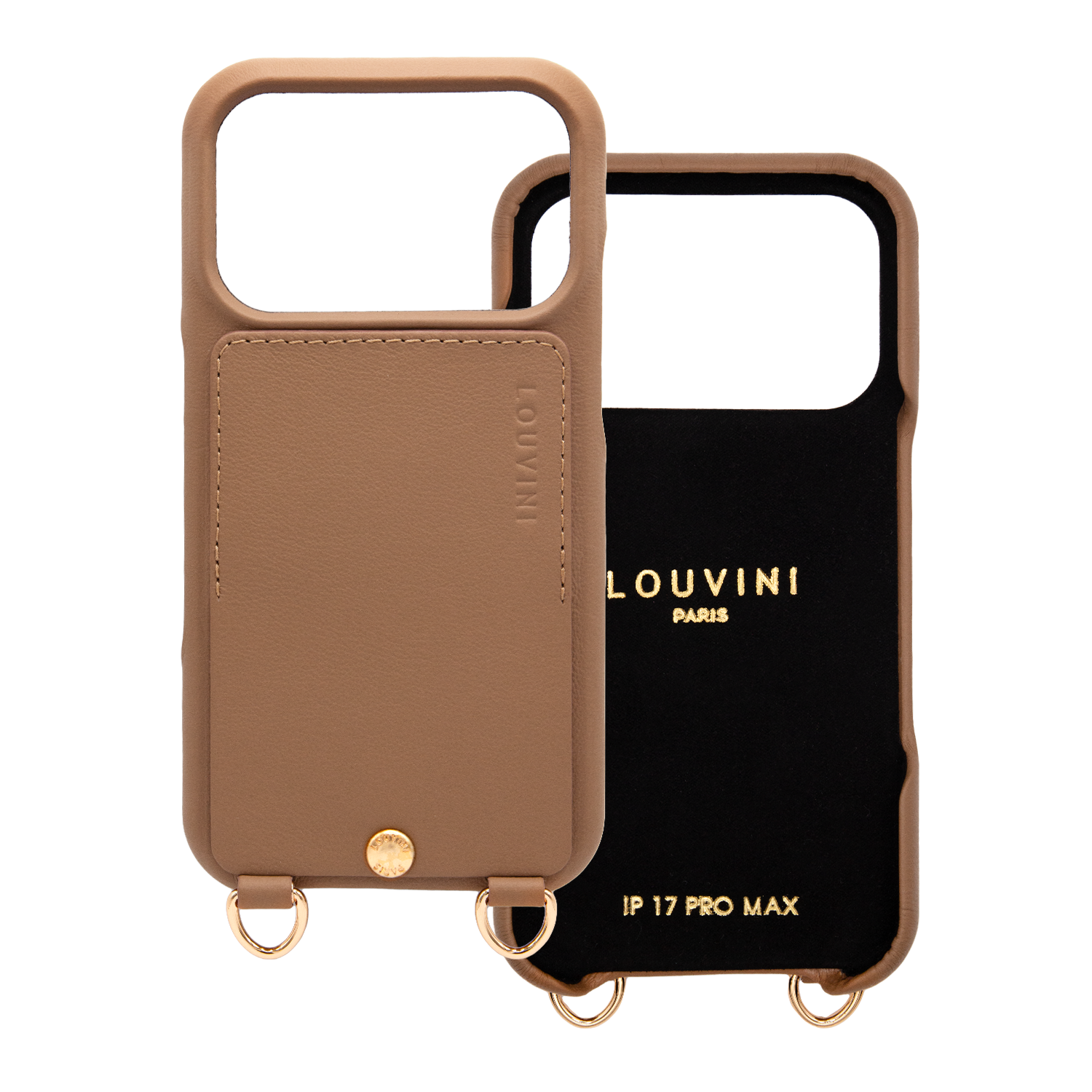 Coque pour iPhone en cuir beige camel avec anneaux et porte carte iPhone 17 Pro Max