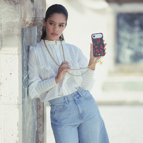 Coque iPhone cuir porte carte avec anneaux LOU - Cerises
