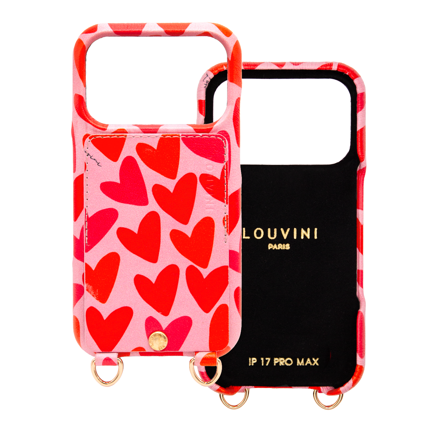 Coque pour iPhone en cuir imprimé coeurs avec anneaux et porte carte iPhone 17 Pro Max