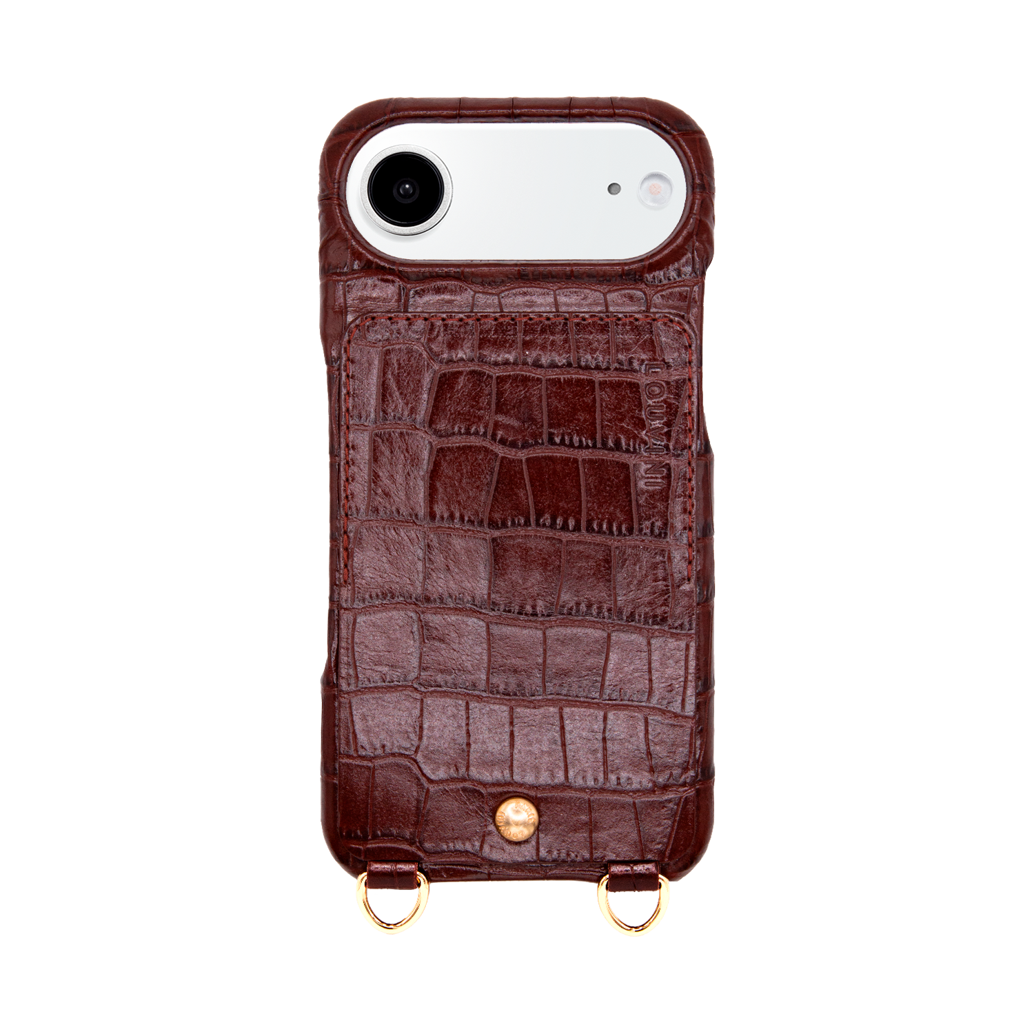 Coque iPhone cuir porte carte avec anneaux LOU - Crocodile Marron