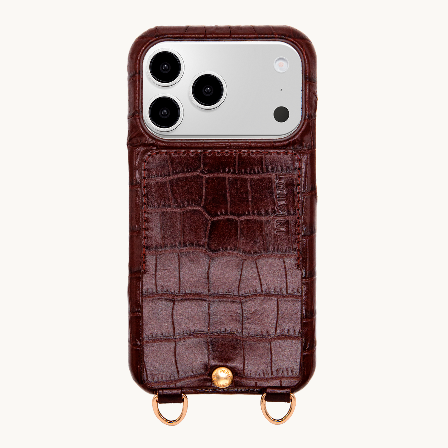 Coque iPhone cuir porte carte avec anneaux LOU - Crocodile Marron