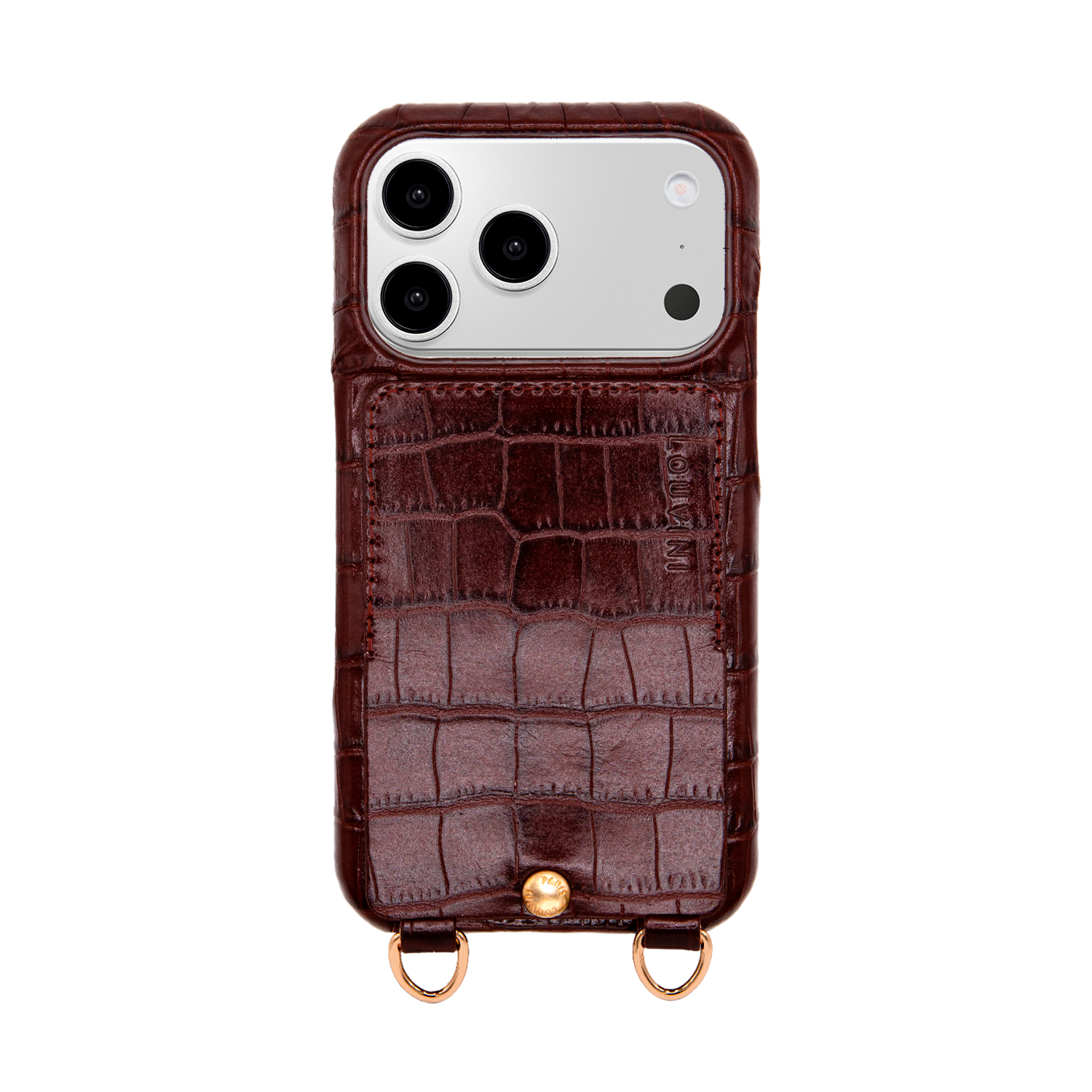 Coque iPhone cuir porte carte avec anneaux LOU - Crocodile Marron
