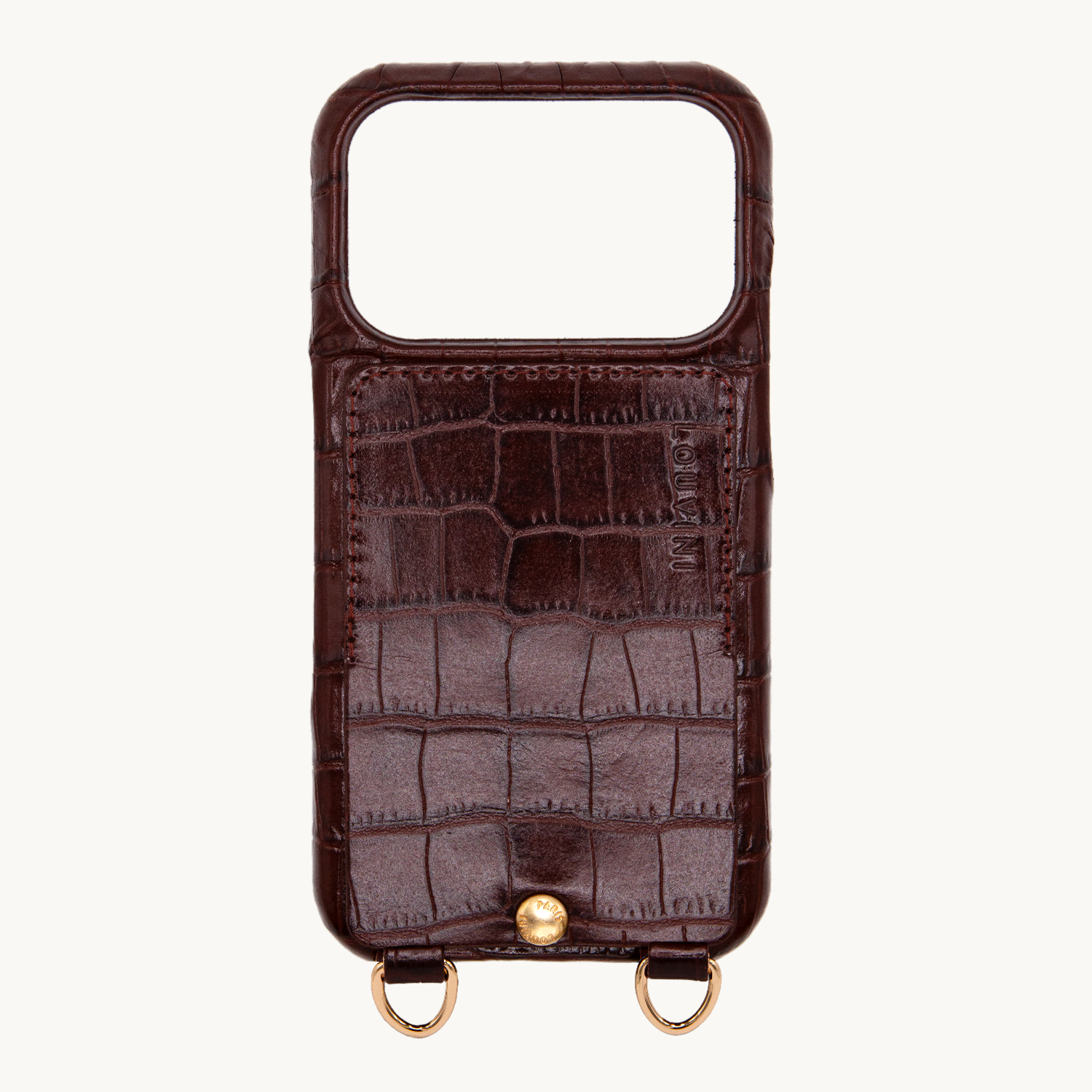 Coque iPhone cuir porte carte avec anneaux LOU - Crocodile Marron