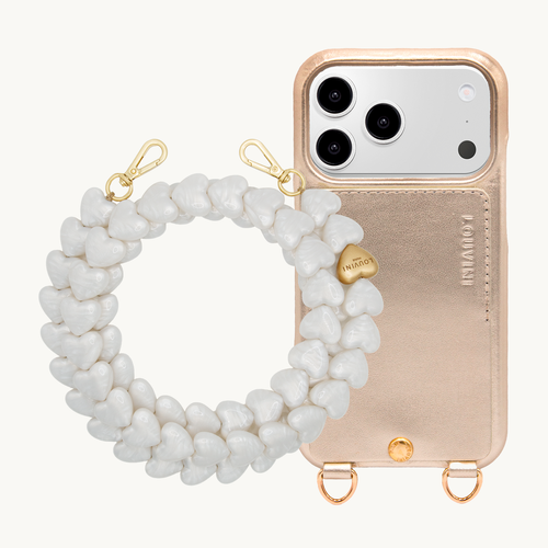 Coque iPhone LOU Doré Métallisé & Chaîne CUORE Perle Blanche