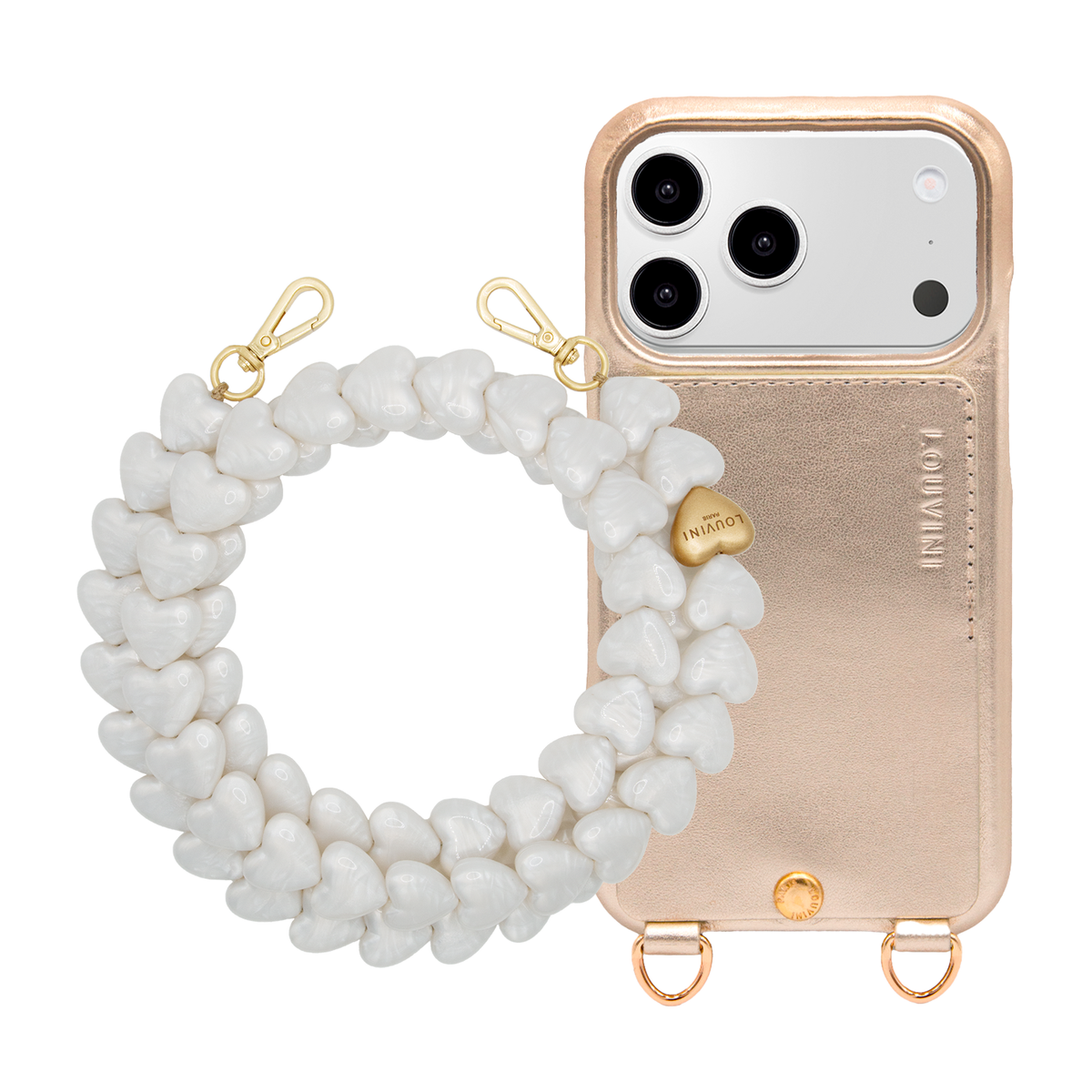 Coque iPhone LOU Doré Métallisé & Chaîne CUORE Perle Blanche