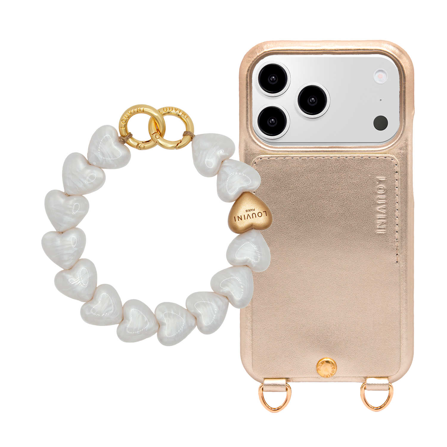 Coque iPhone LOU Doré & Bracelet PETIT CUORE Perle Blanche