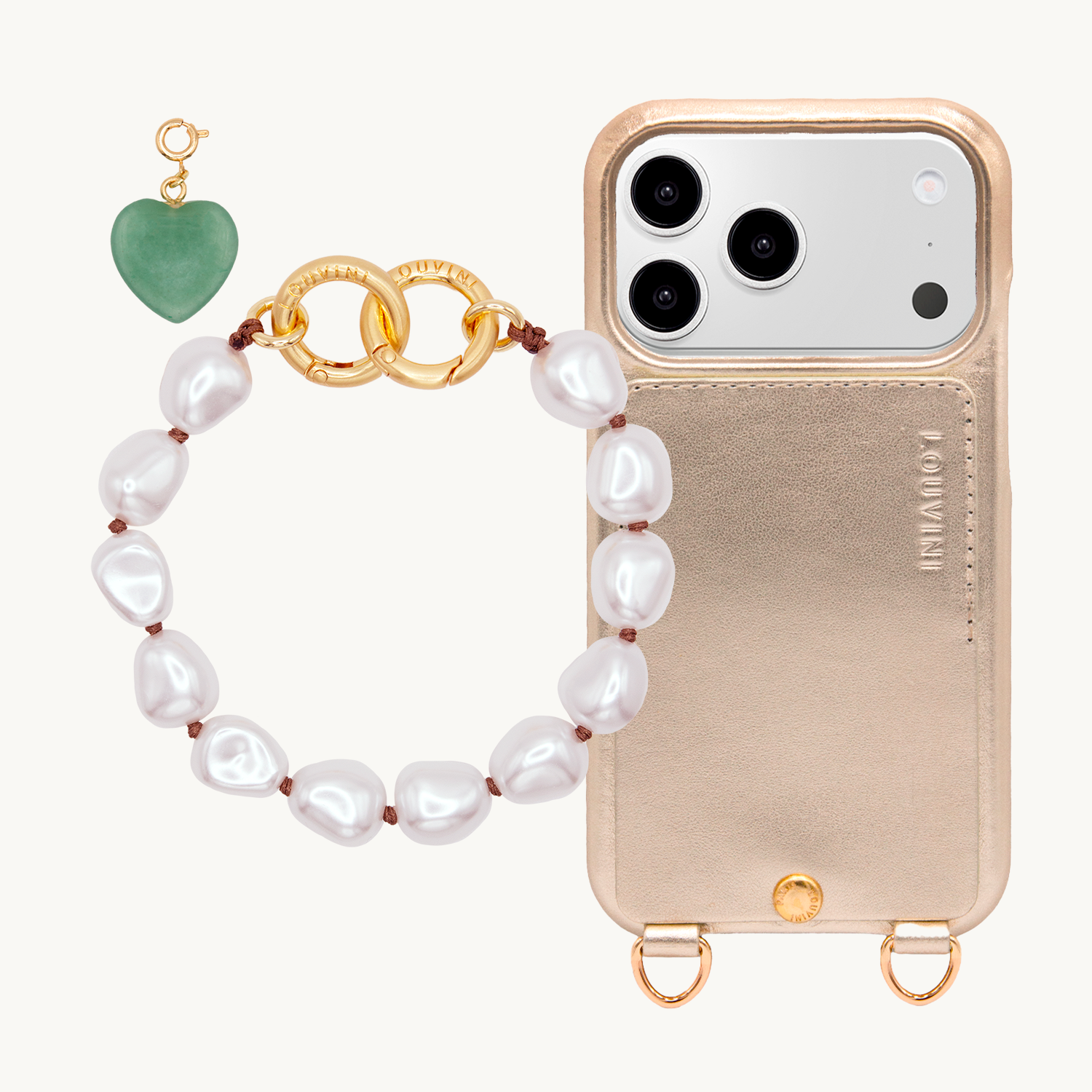 Coque iPhone LOU Doré & bracelet PETIT MINDY NAKED & LUCKY CHARMS Coeur Vert d'eau