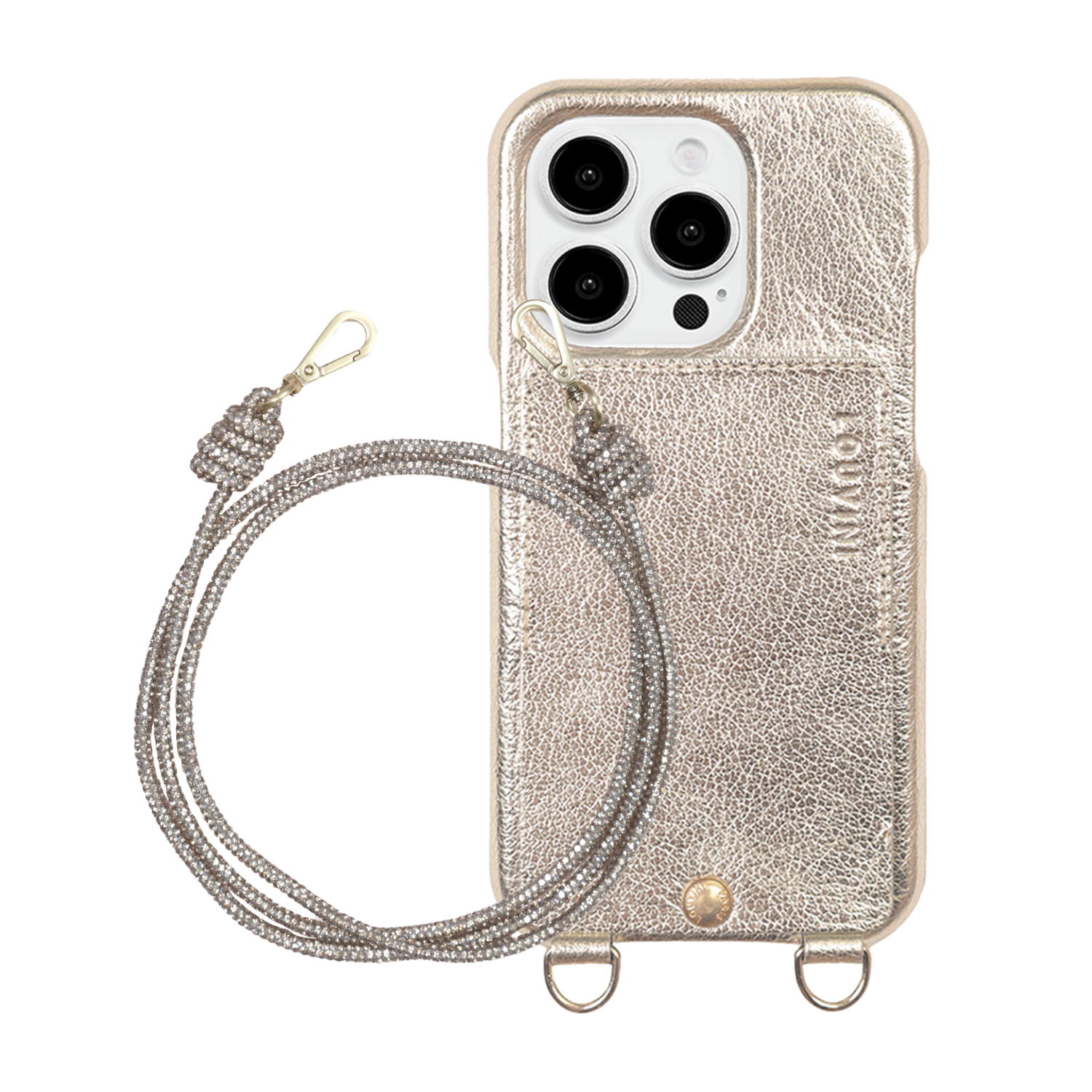ensemble coque de téléphone en cuir doré et cordon paillette argenté 