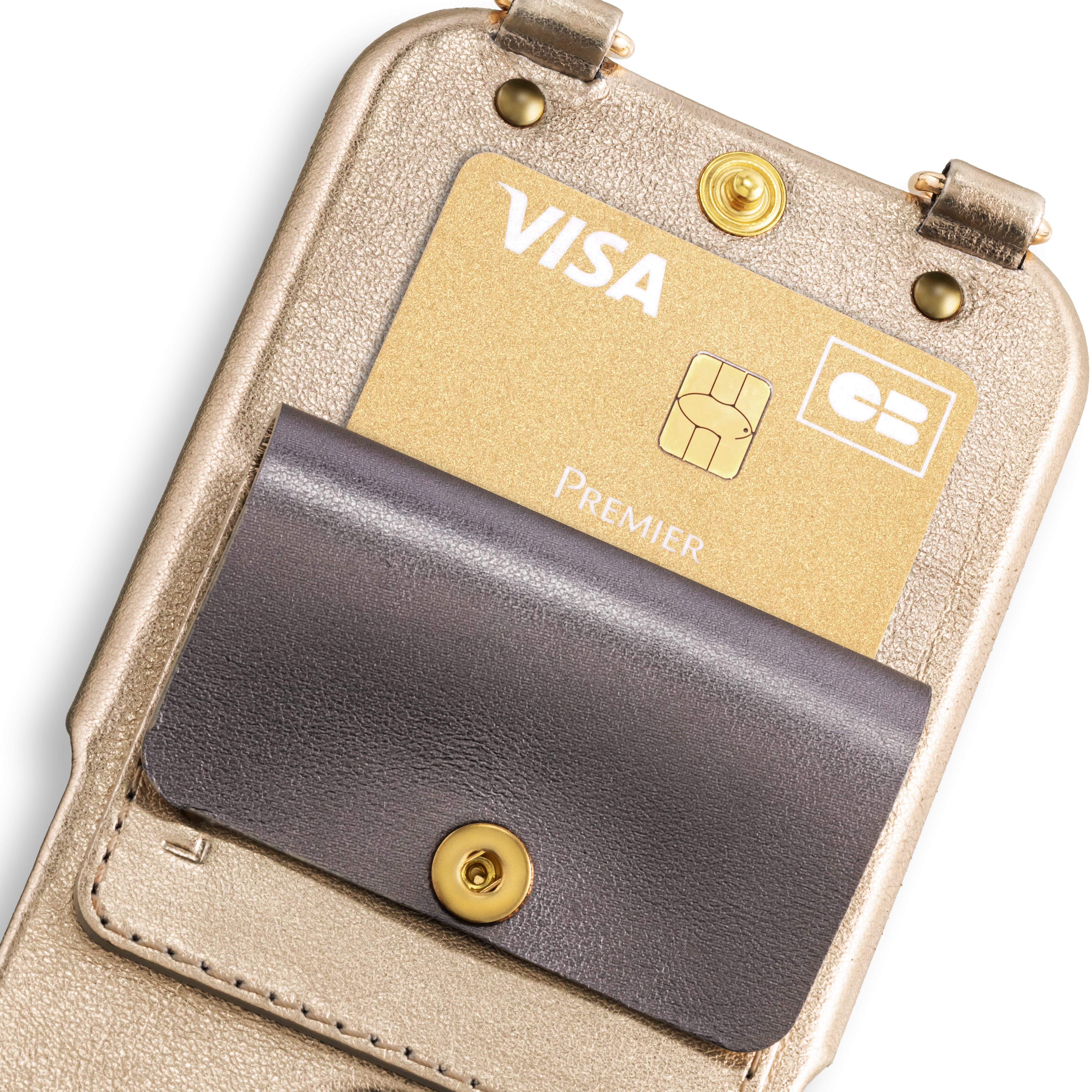 Coque iPhone cuir porte carte avec anneaux LOU - Doré métallisé