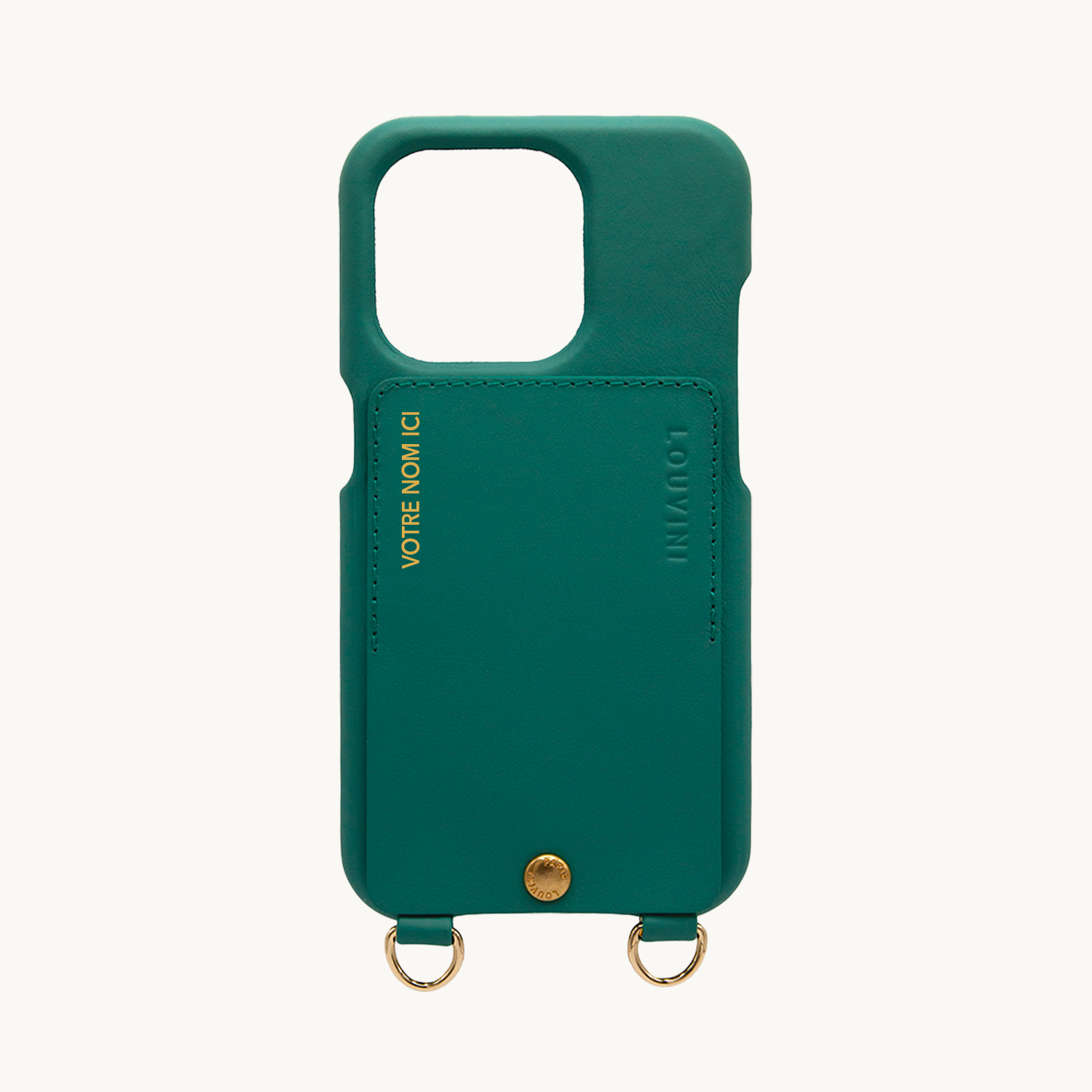 COQUE IPHONE CUIR PORTE CARTE AVEC ANNEAUX LOU - ÉMERAUDE (PERSONNALISABLE)