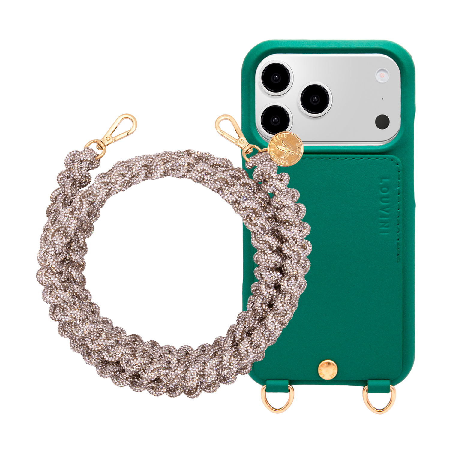 Coque iPhone LOU Émeraude & Cordon SCARLETT Argenté