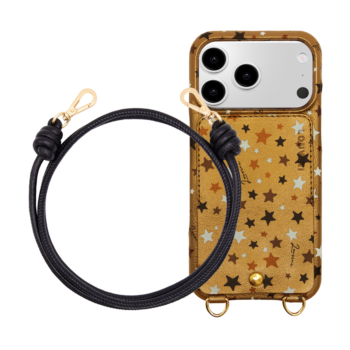Coque iPhone LOU Étoiles Doré & Cordon KATE Noir