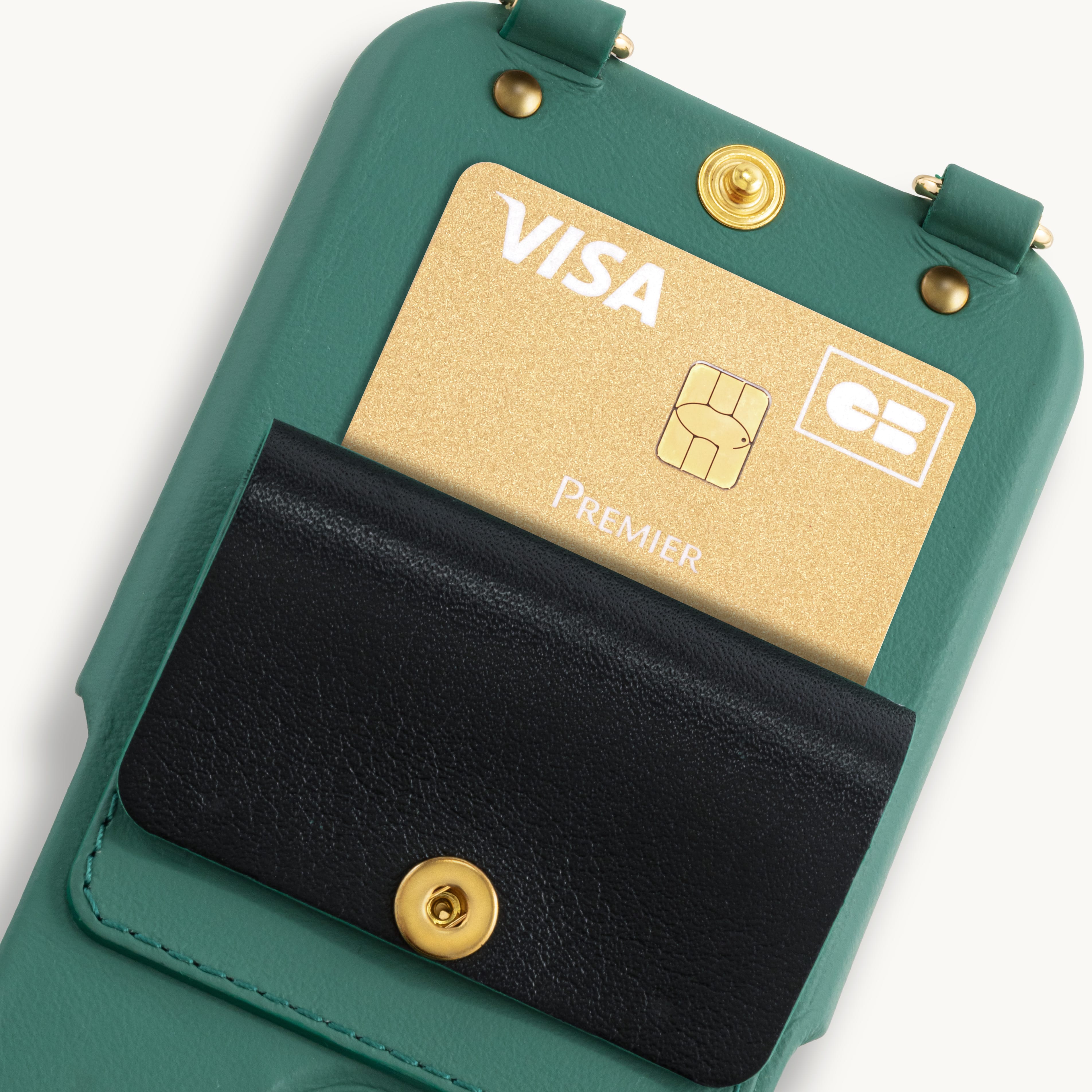 Coque iPhone cuir porte carte avec anneaux LOU - Emeraude