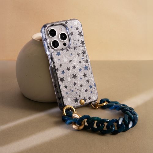 Coque iPhone cuir porte carte avec anneaux LOU - Étoiles Argenté