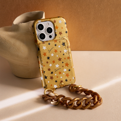 Coque iPhone cuir porte carte avec anneaux LOU - Étoiles Doré