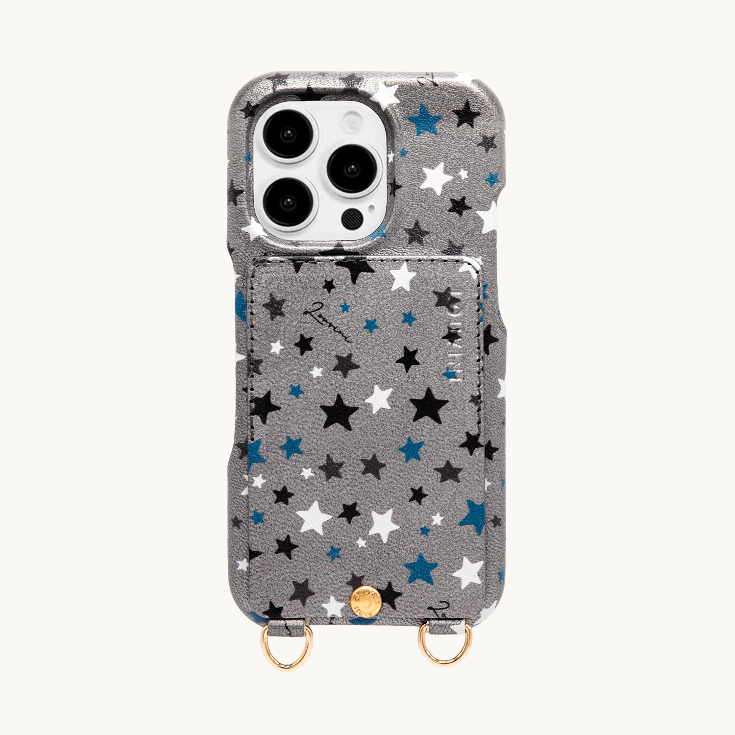 Coque iPhone cuir porte carte avec anneaux LOU - Étoiles Argenté