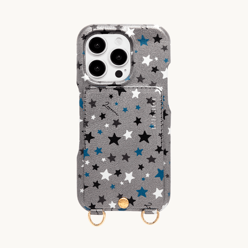 Coque iPhone cuir porte carte avec anneaux LOU - Étoiles Argenté