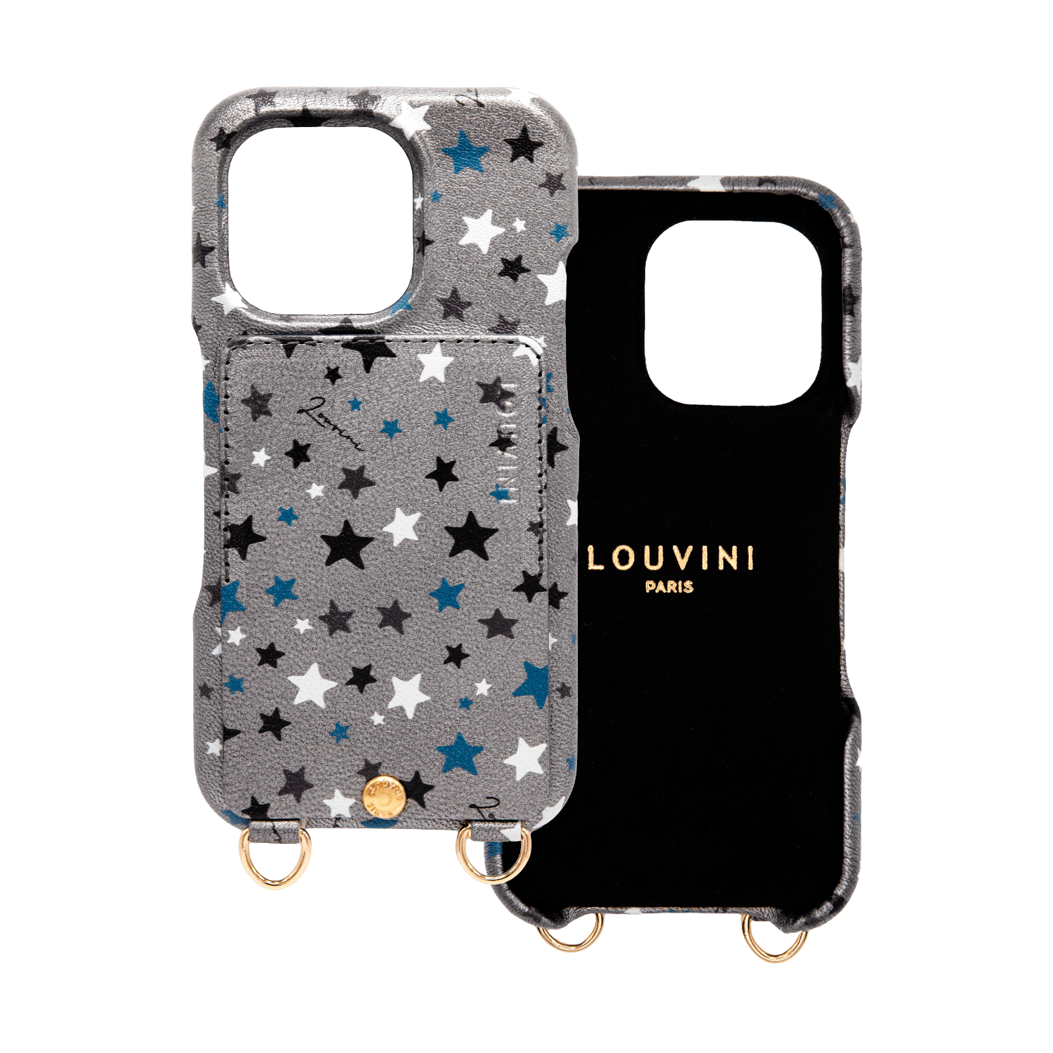 Coque iPhone cuir porte carte avec anneaux LOU - Étoiles Argenté