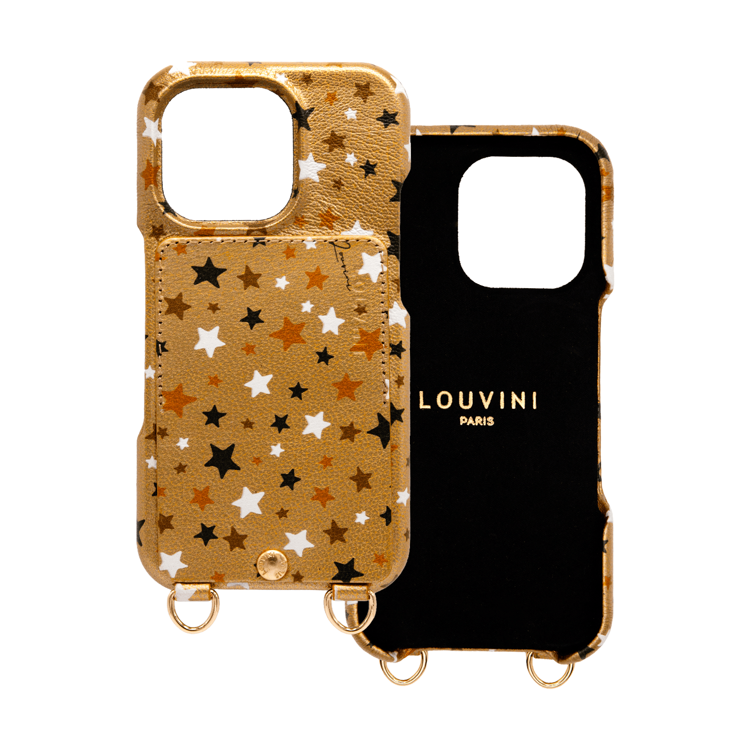Coque iPhone cuir porte carte avec anneaux LOU - Étoiles Doré