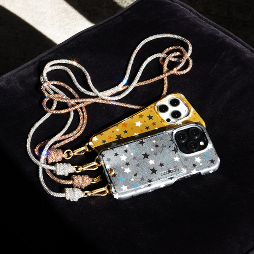 Coque iPhone cuir porte carte avec anneaux LOU - Étoiles Doré