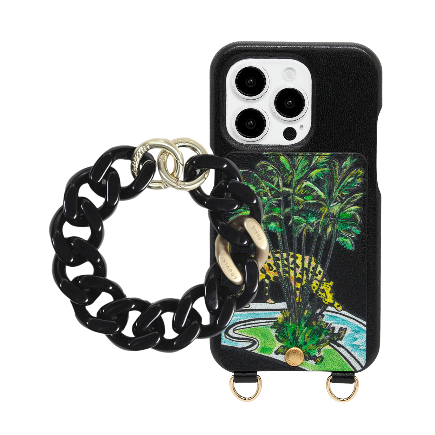 ensemble coque de téléphone avec étui en cuir noir et bracelet noir 