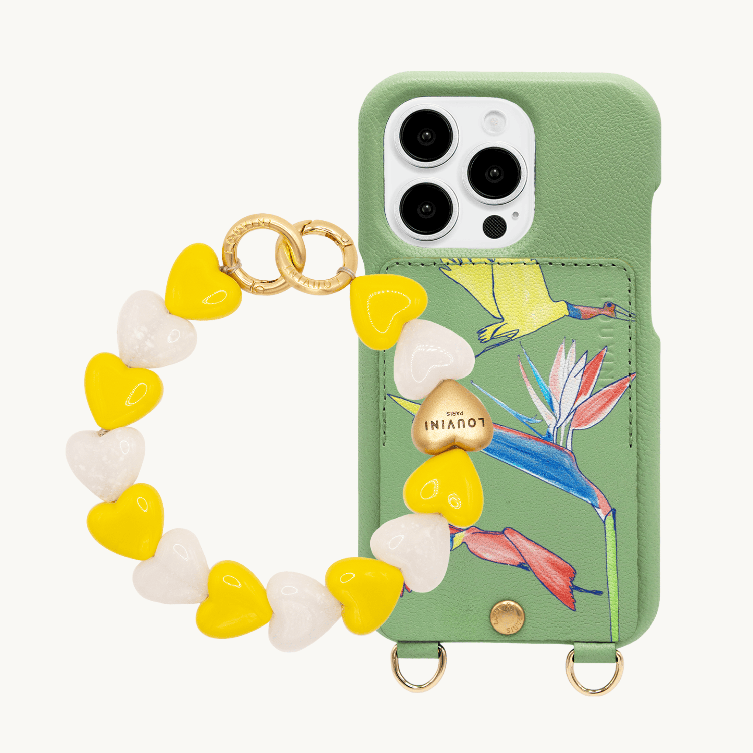 Coque iPhone LOU x FILIPE JARDIM Vert Clair & bracelet PETIT CUORE Jaune-Blanc