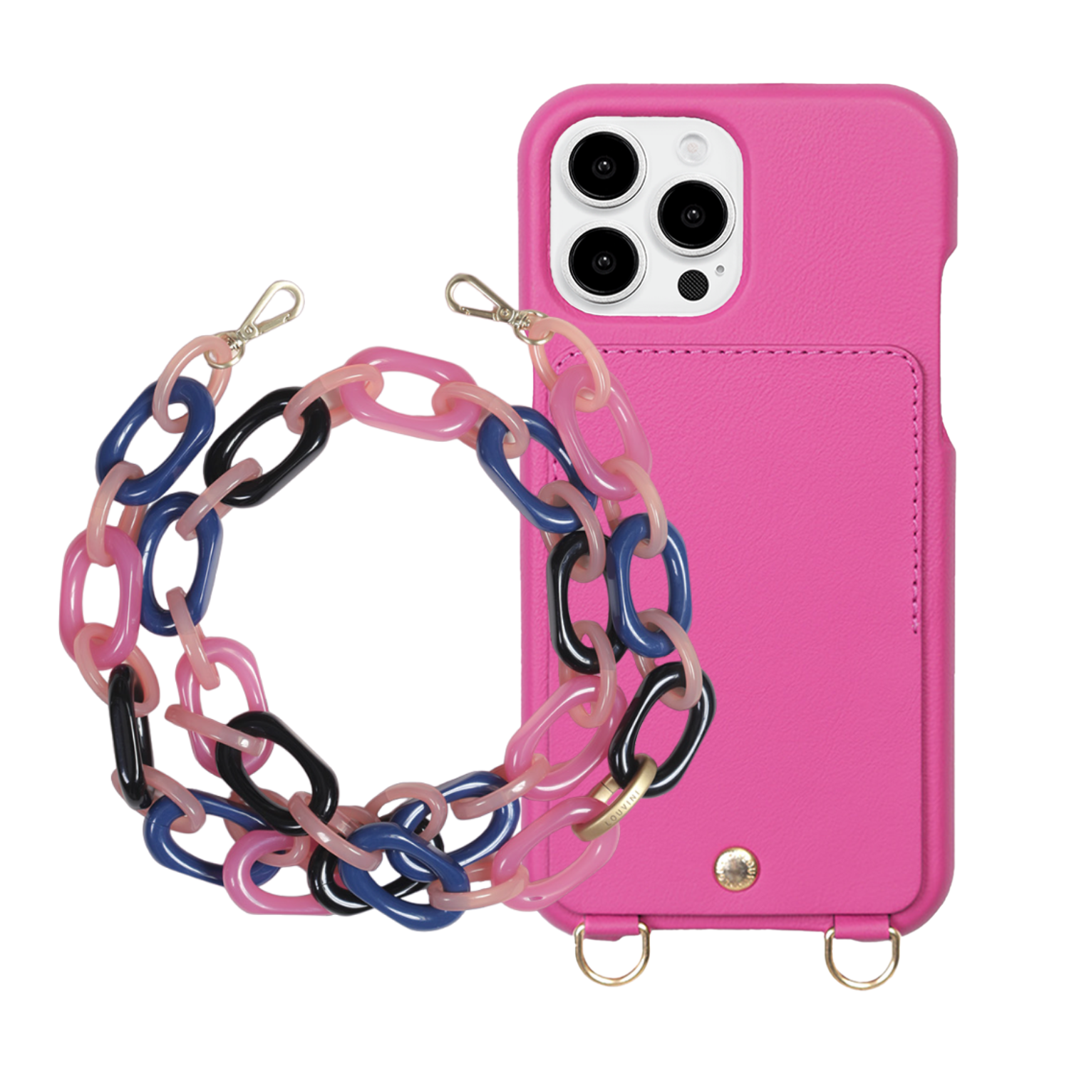 ensemble coque de téléphone avec étui en cuir fuchsia et chaîne marine rose 