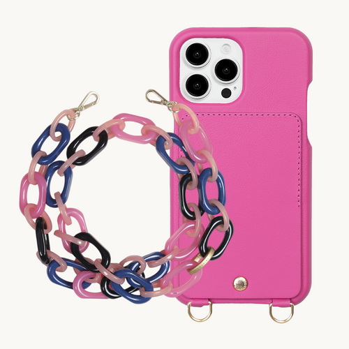 ensemble coque de téléphone avec étui en cuir fuchsia et chaîne marine rose 
