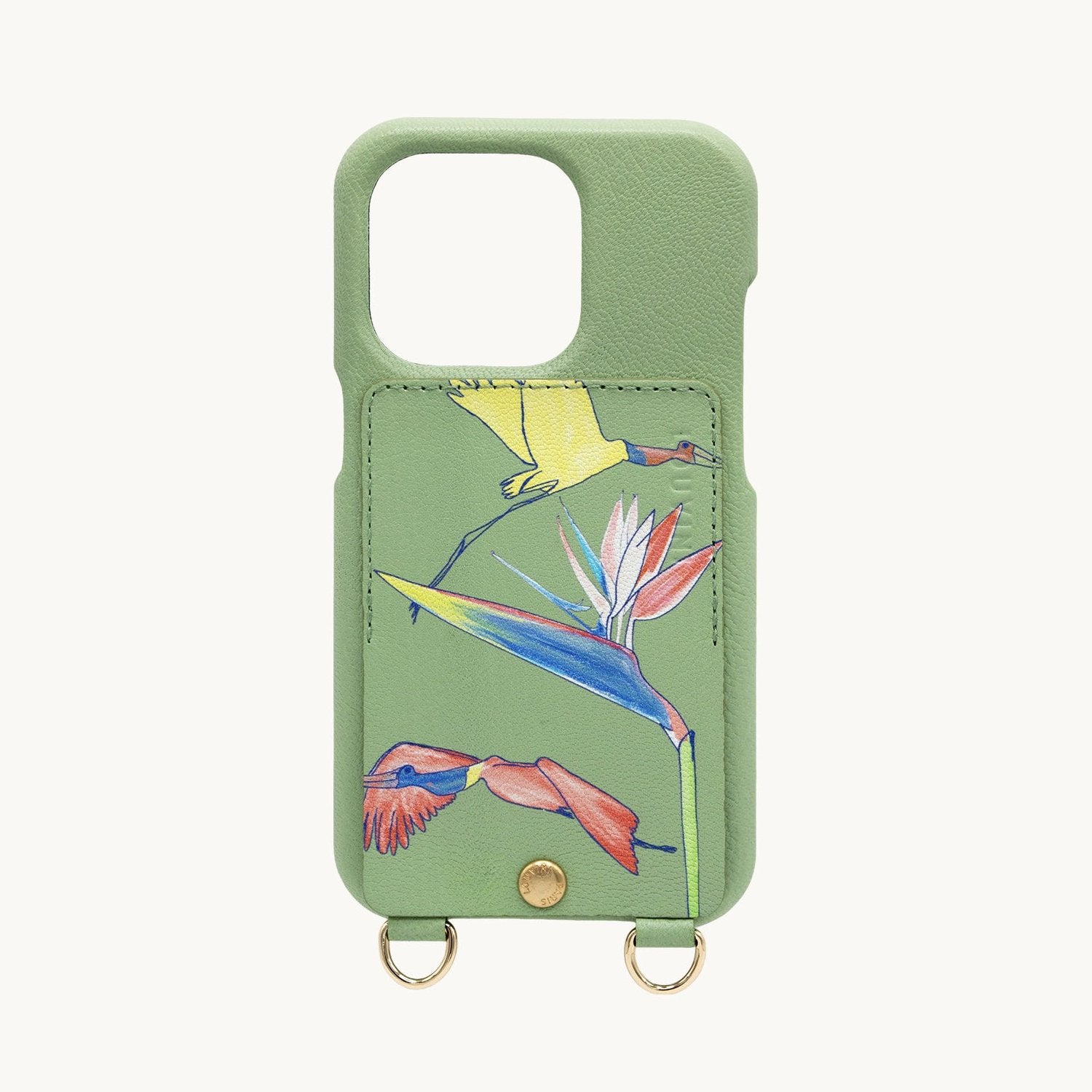 COQUE IPHONE CUIR PORTE CARTE AVEC ANNEAUX LOU x FILIPE JARDIM - VERT CLAIR