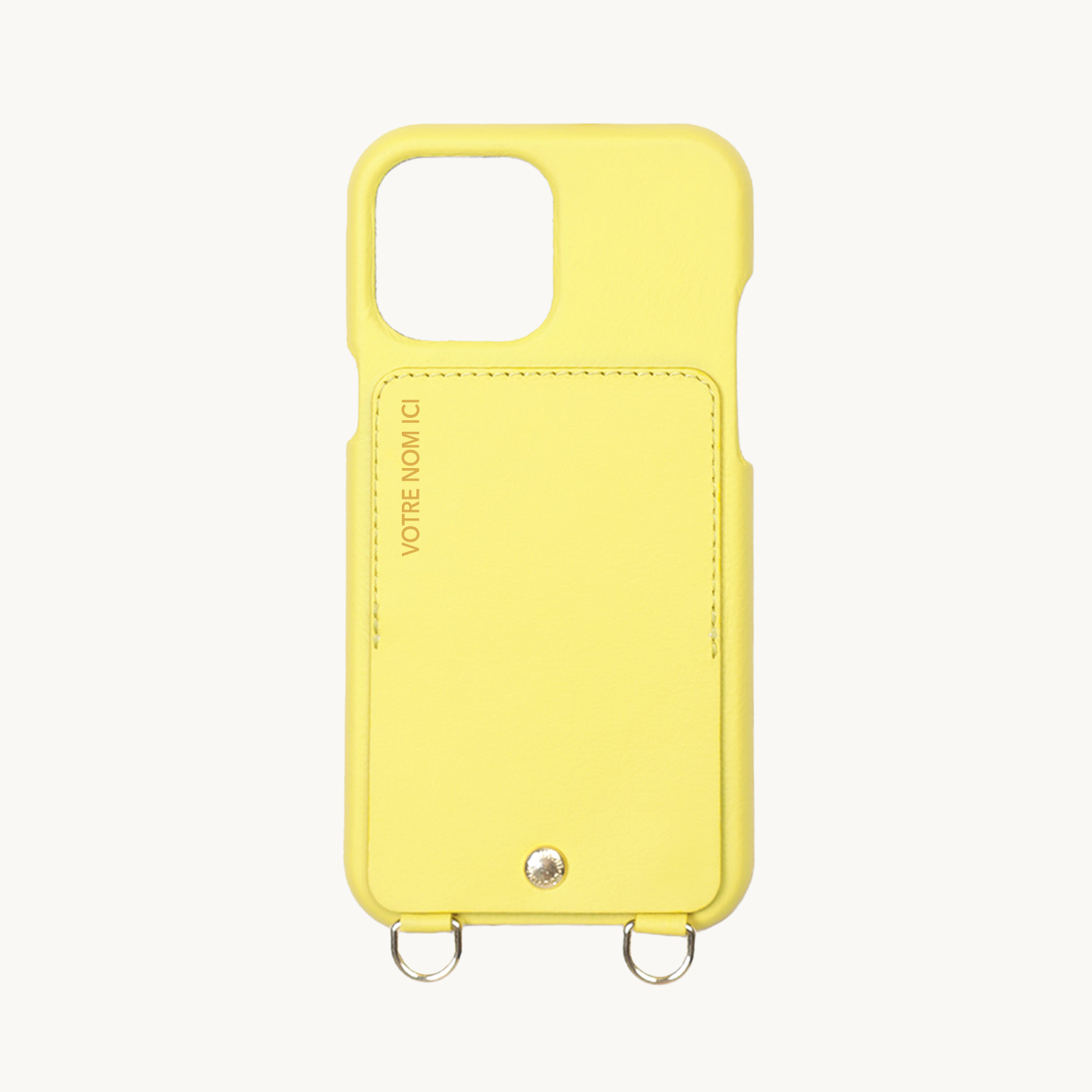 COQUE IPHONE CUIR PORTE CARTE AVEC ANNEAUX LOU - JAUNE (PERSONNALISABLE)