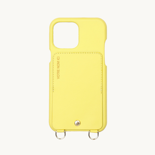 Coque iPhone cuir porte carte avec anneaux LOU jaune personnalisable