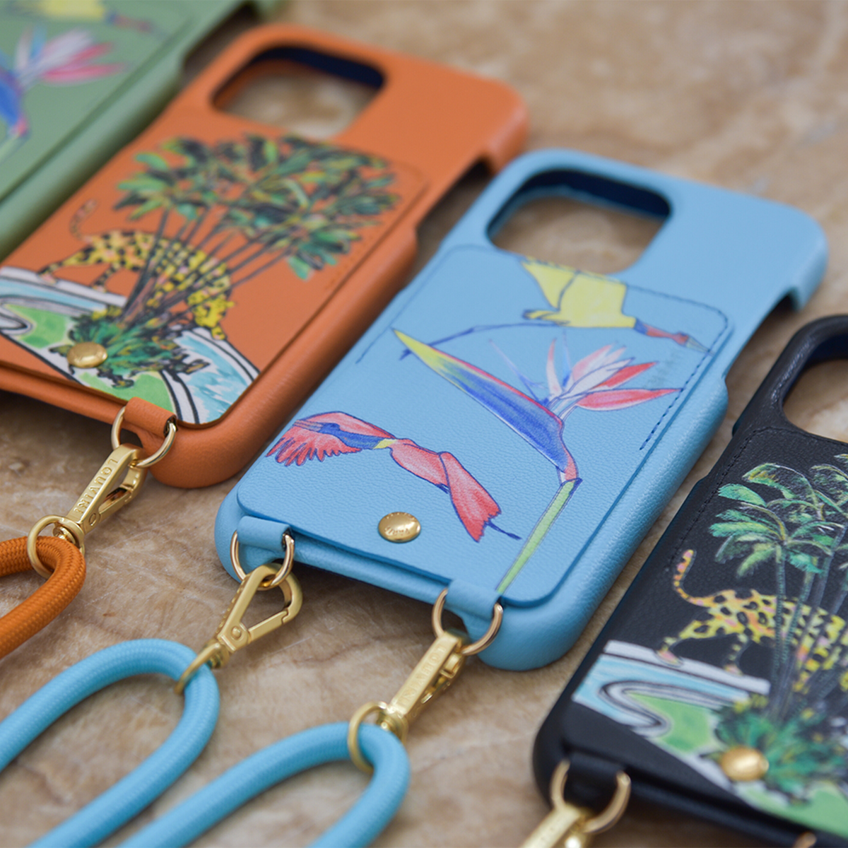 Coque iPhone cuir porte-carte avec anneaux LOU x FILIPE JARDIM - Turquoise