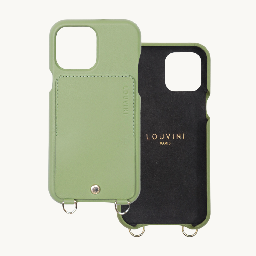 Coque iPhone cuir porte carte avec anneaux LOU vert kaki