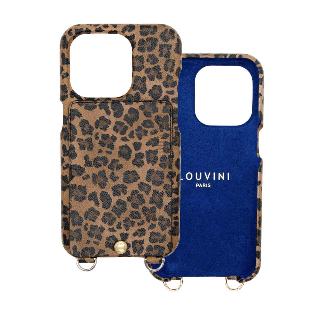 COQUE IPHONE CUIR PORTE CARTE AVEC ANNEAUX LOU  LEOPARD double 