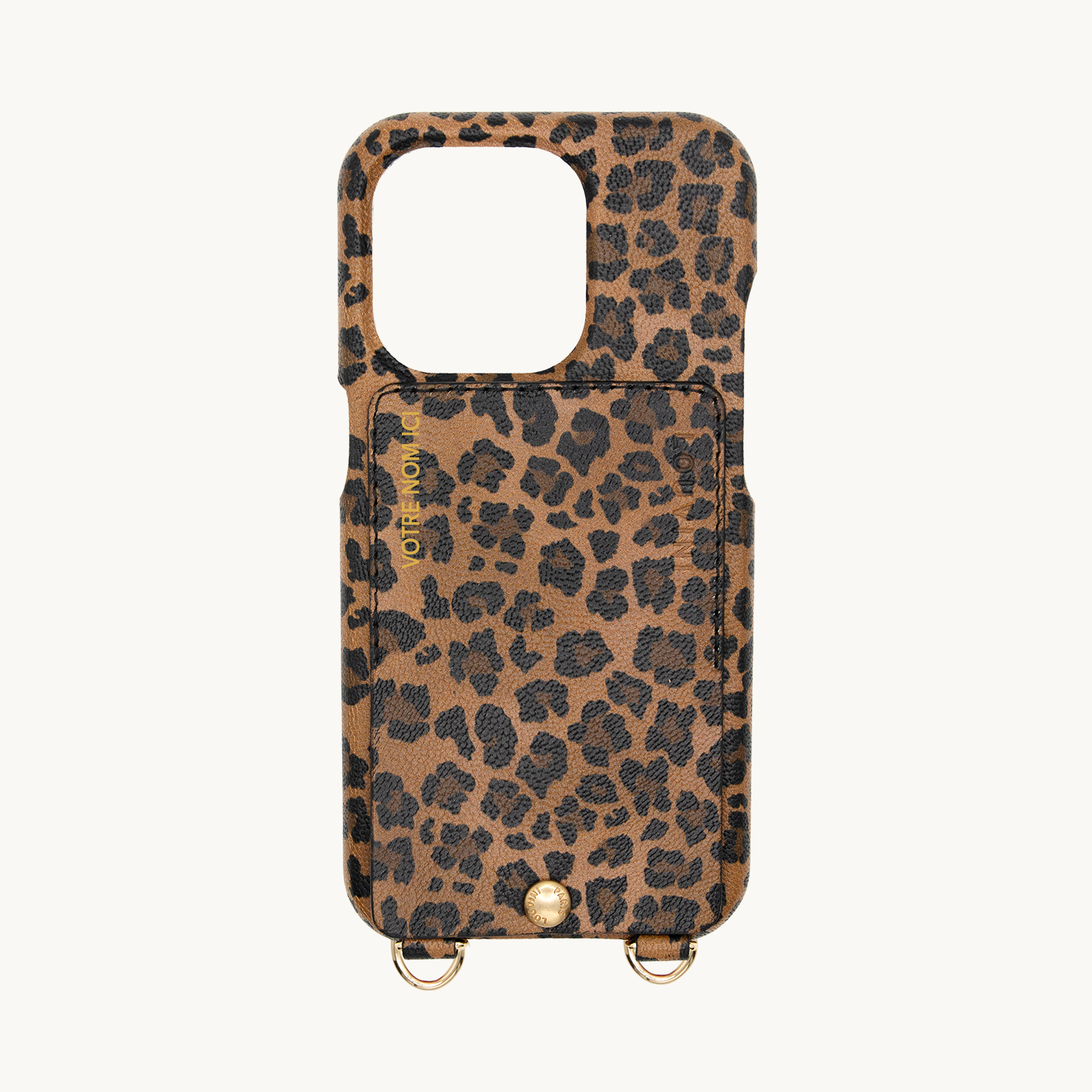 Coque iPhone cuir porte carte avec anneaux Léopard Personnalisable