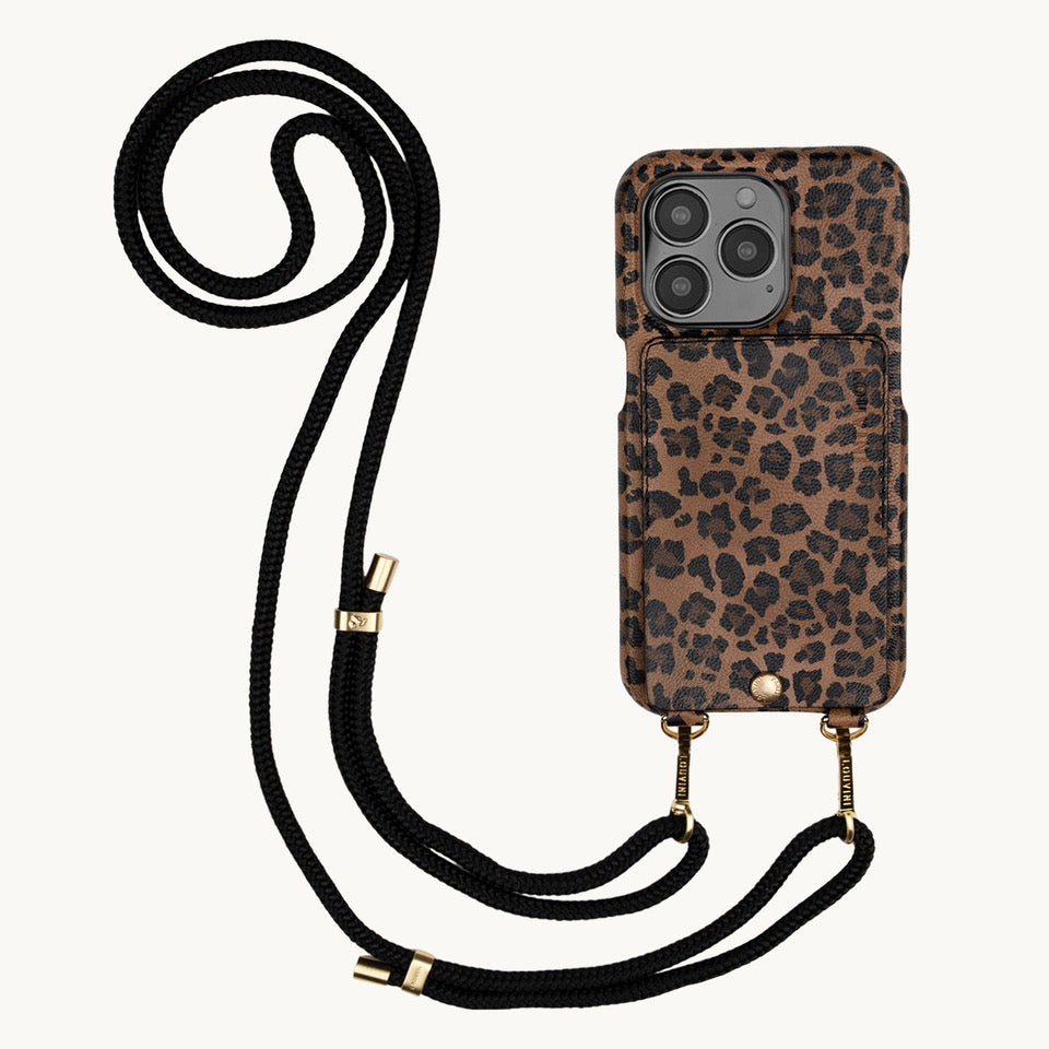 COQUE IPHONE CUIR PORTE CARTE AVEC ANNEAUX LOU  LEOPARD avec cordon tessa noir 