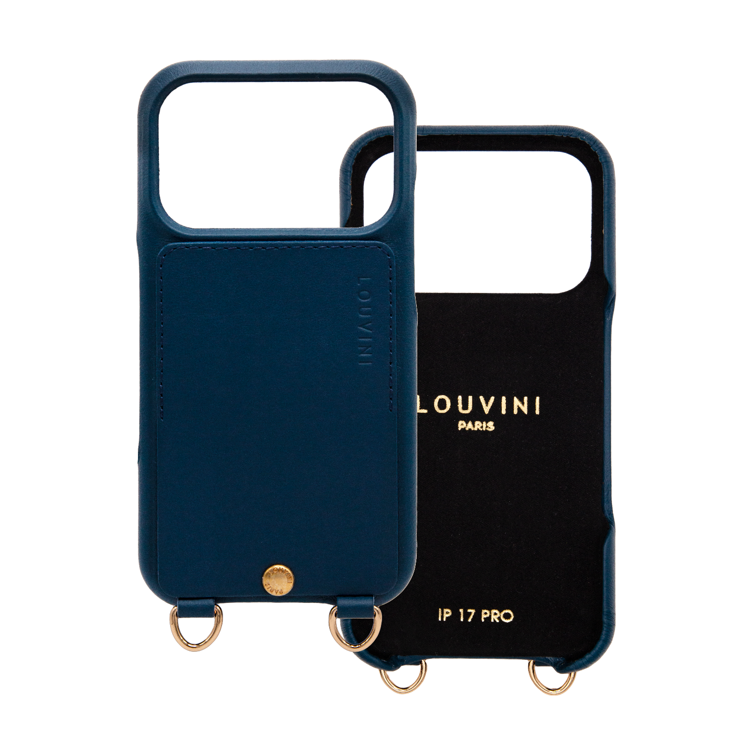 Coque de téléphone en cuir bleu marine avec porte carte et anneaux iphone 17 pro
