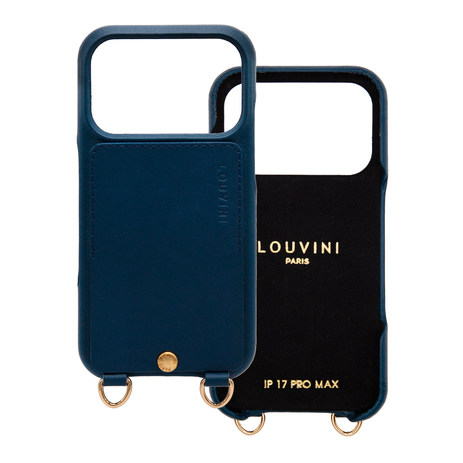 Coque de téléphone en cuir bleu marine avec porte carte et anneaux iphone 17 pro max