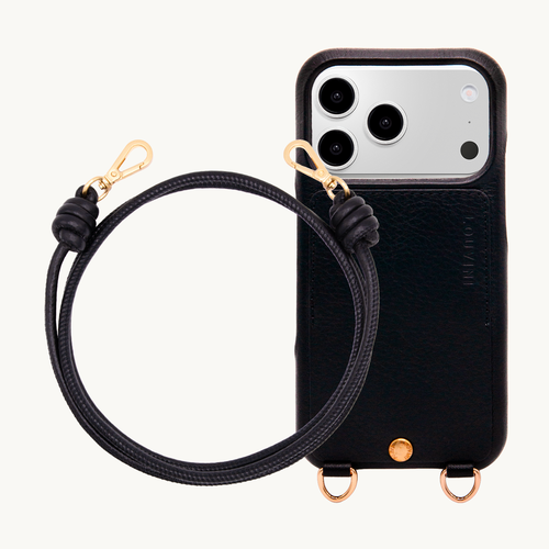 Coque iPhone LOU Noir & Cordon KATE Noir Métallisé