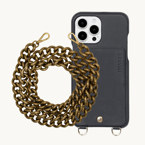 ensemble coque de téléphone avec étui en cuir noir et chaîne 