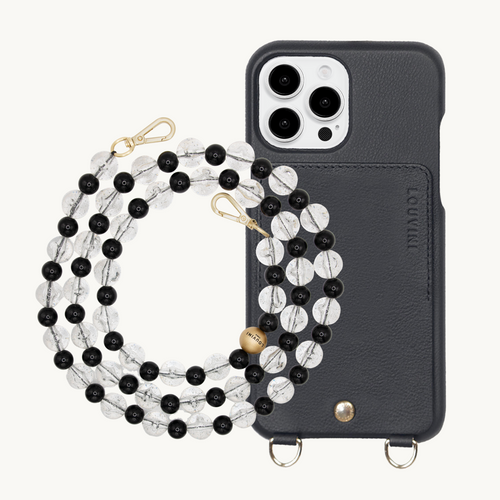 ensemble coque de téléphone avec étui en cuir noir et chaîne perle 