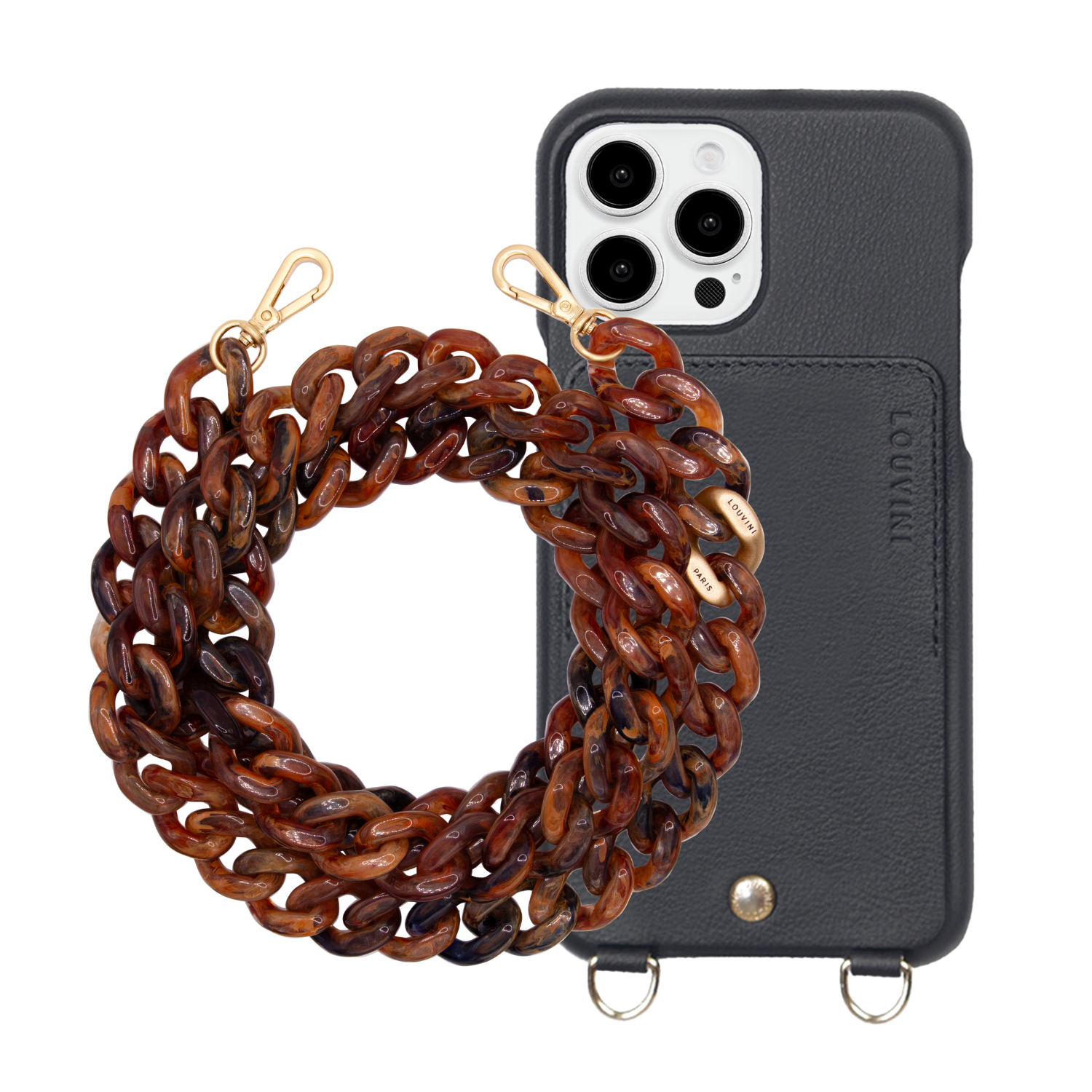 ensemble coque de téléphone avec étui en cuir noir et chaîne brune 